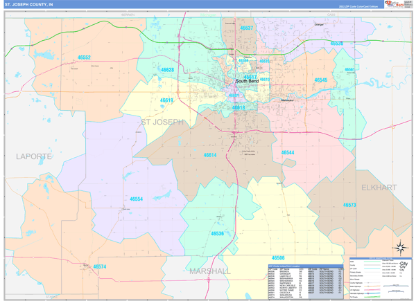 St. Joseph County, IN Wall Map Color Cast Style